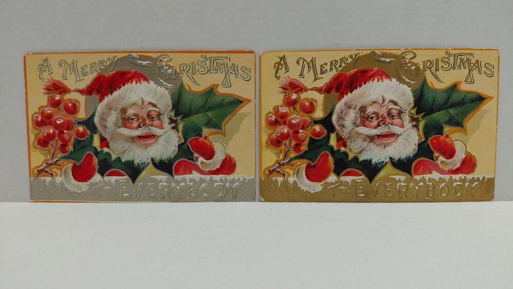 Antique Christmas Postcards Santa Claus Holding Holly Embossed Divided Lot of 2
